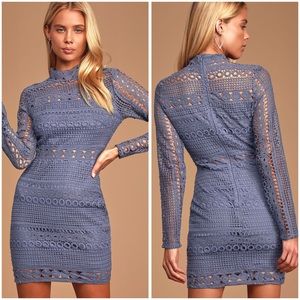 Lulus Dusty Blue Crochet Lace Long Sleeve Dress